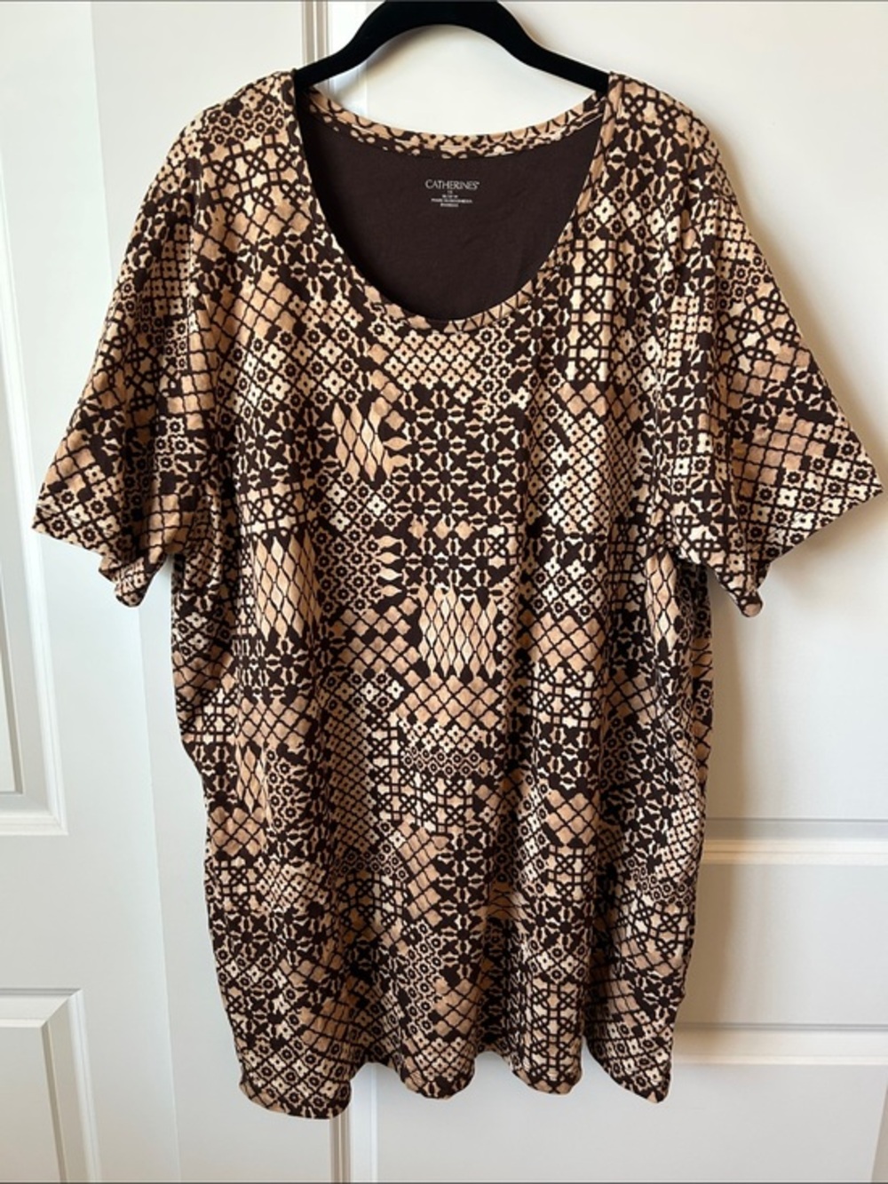 NWOT Catherines Brown and Tan Geometric Short Sleeve Shirt 1X